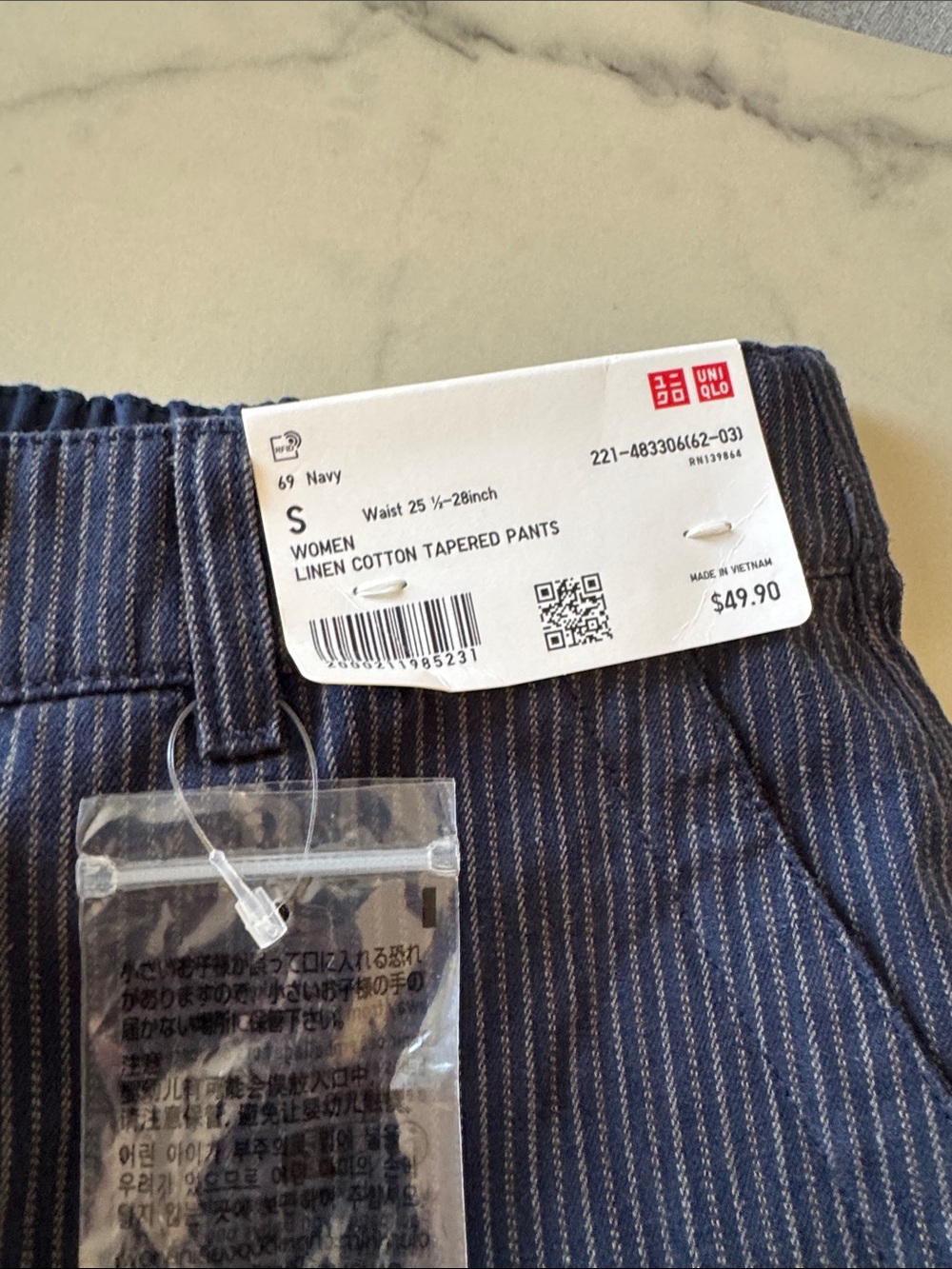UNIQLO Navy Pinstripe Linen-Cotton Tapered Pants - Picture 2 of 3